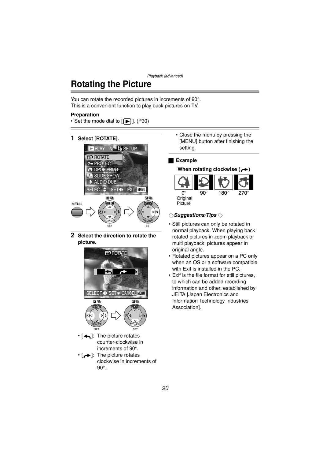 Panasonic DMC-FZ10PP operating instructions Rotating the Picture, Select Rotate, Example When rotating clockwise 