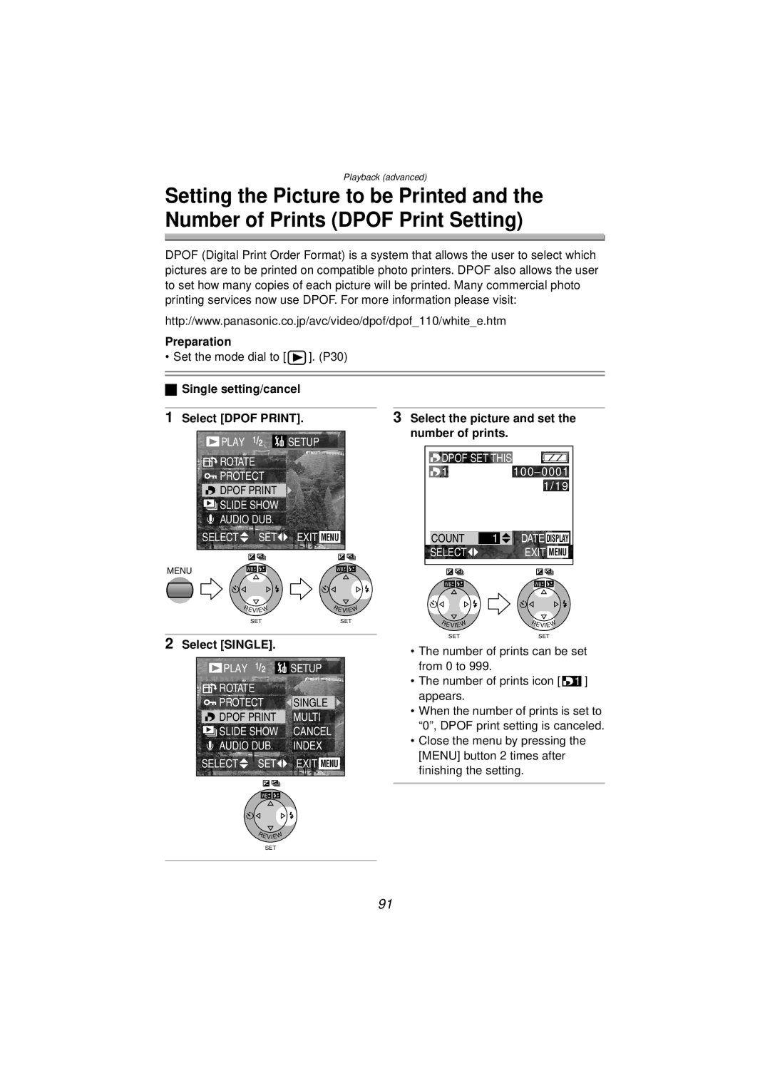 Panasonic DMC-FZ10PP Single setting/cancel, Select Dpof Print Select the picture and set, Select Single 