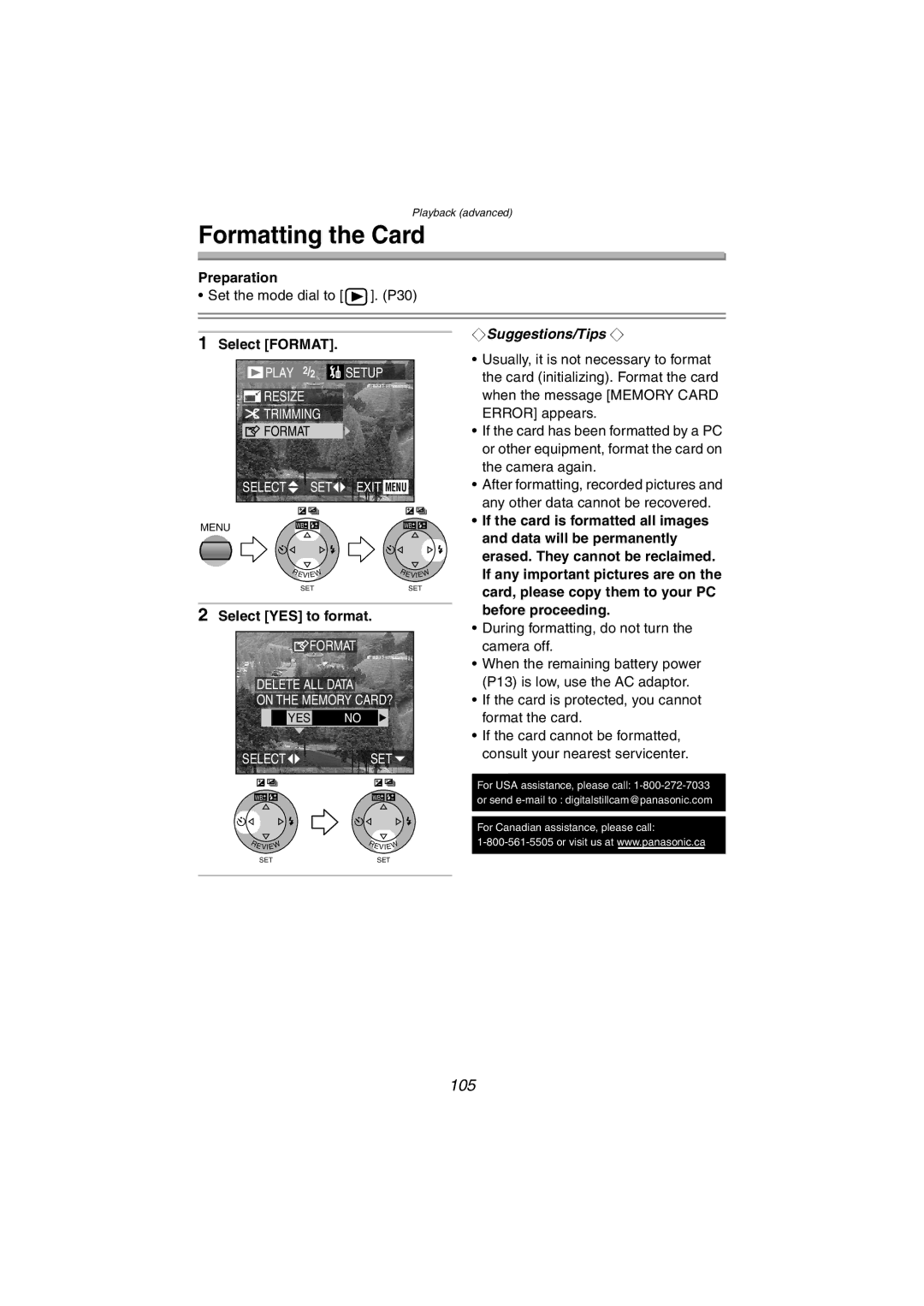 Panasonic DMC-FZ10PP operating instructions Formatting the Card, 105, Select Format, Select YES to format 