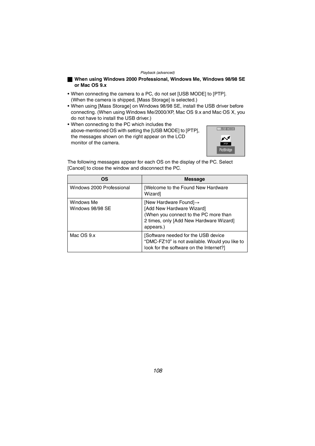 Panasonic DMC-FZ10PP operating instructions 108, Message 