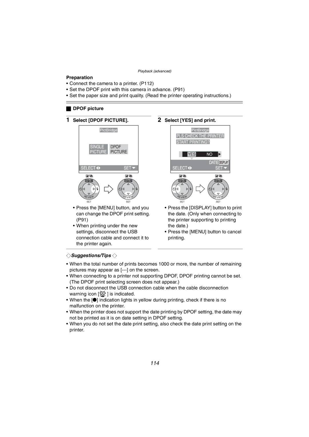 Panasonic DMC-FZ10PP operating instructions 114, Dpof picture, Select Dpof Picture Select YES and print 