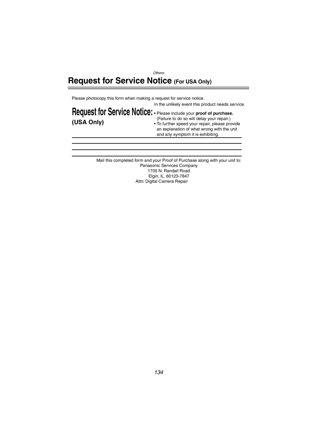 Panasonic DMC-FZ10PP operating instructions Request for Service Notice For USA Only, 134 