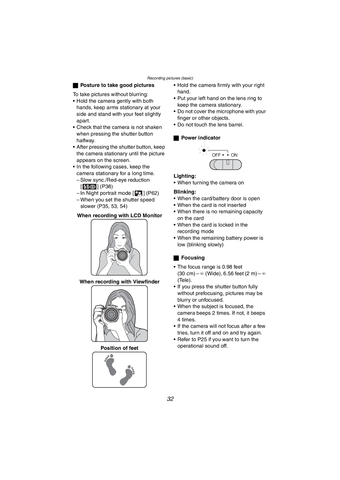 Panasonic DMC-FZ10PP operating instructions Posture to take good pictures, Power indicator, Lighting, Blinking, Focusing 