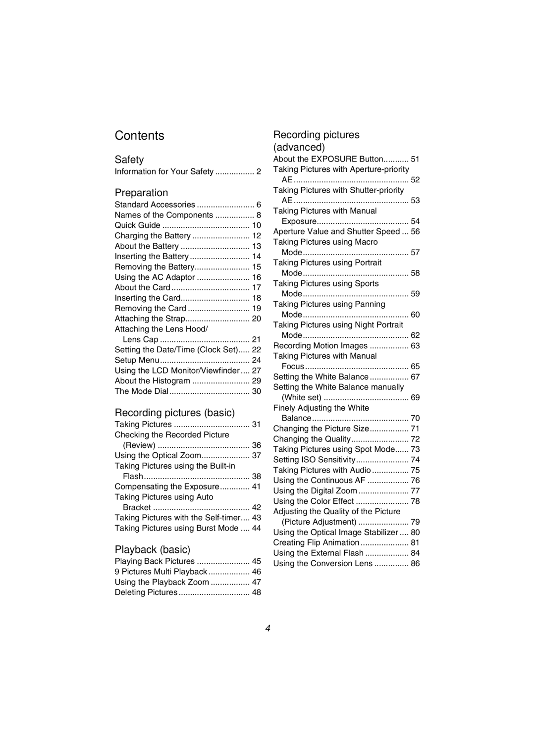 Panasonic DMC-FZ10PP operating instructions Contents 