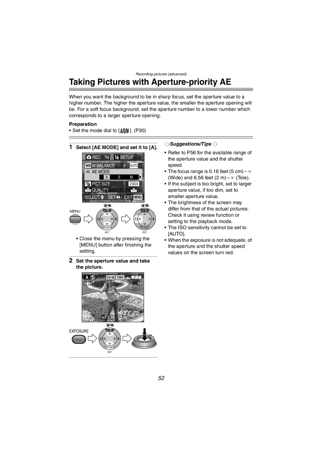 Panasonic DMC-FZ10PP operating instructions Taking Pictures with Aperture-priority AE, Select AE Mode and set it to a 