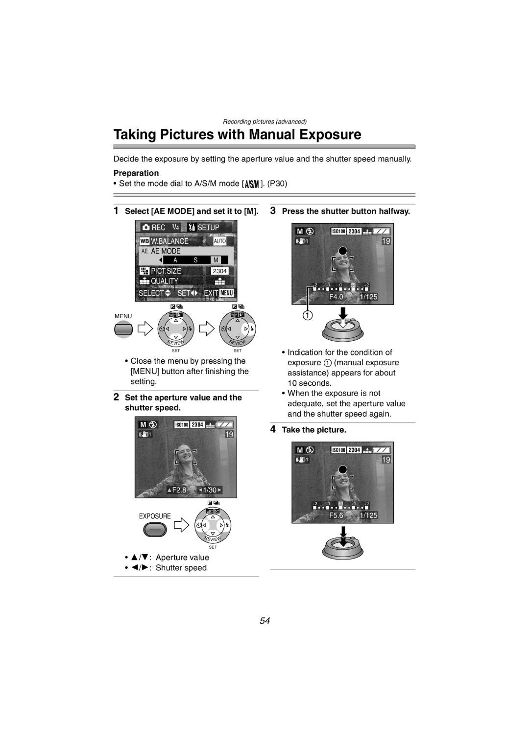 Panasonic DMC-FZ10PP operating instructions Taking Pictures with Manual Exposure, Set the aperture value, Shutter speed 