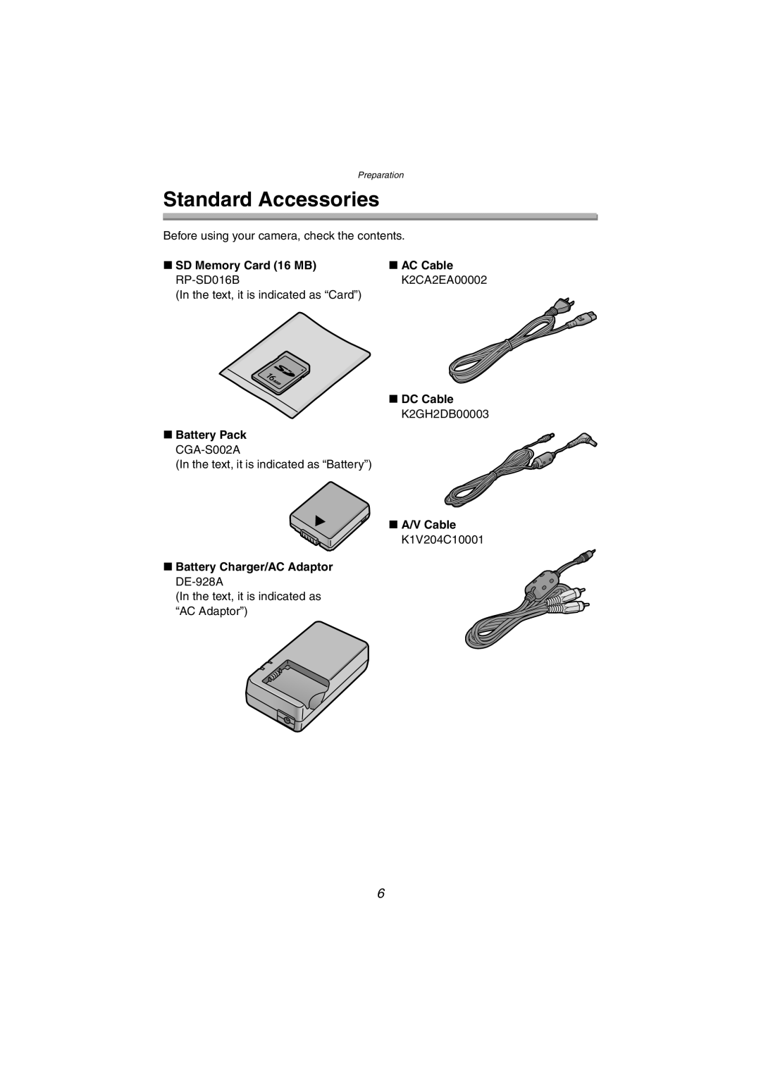 Panasonic DMC-FZ10PP operating instructions Standard Accessories 