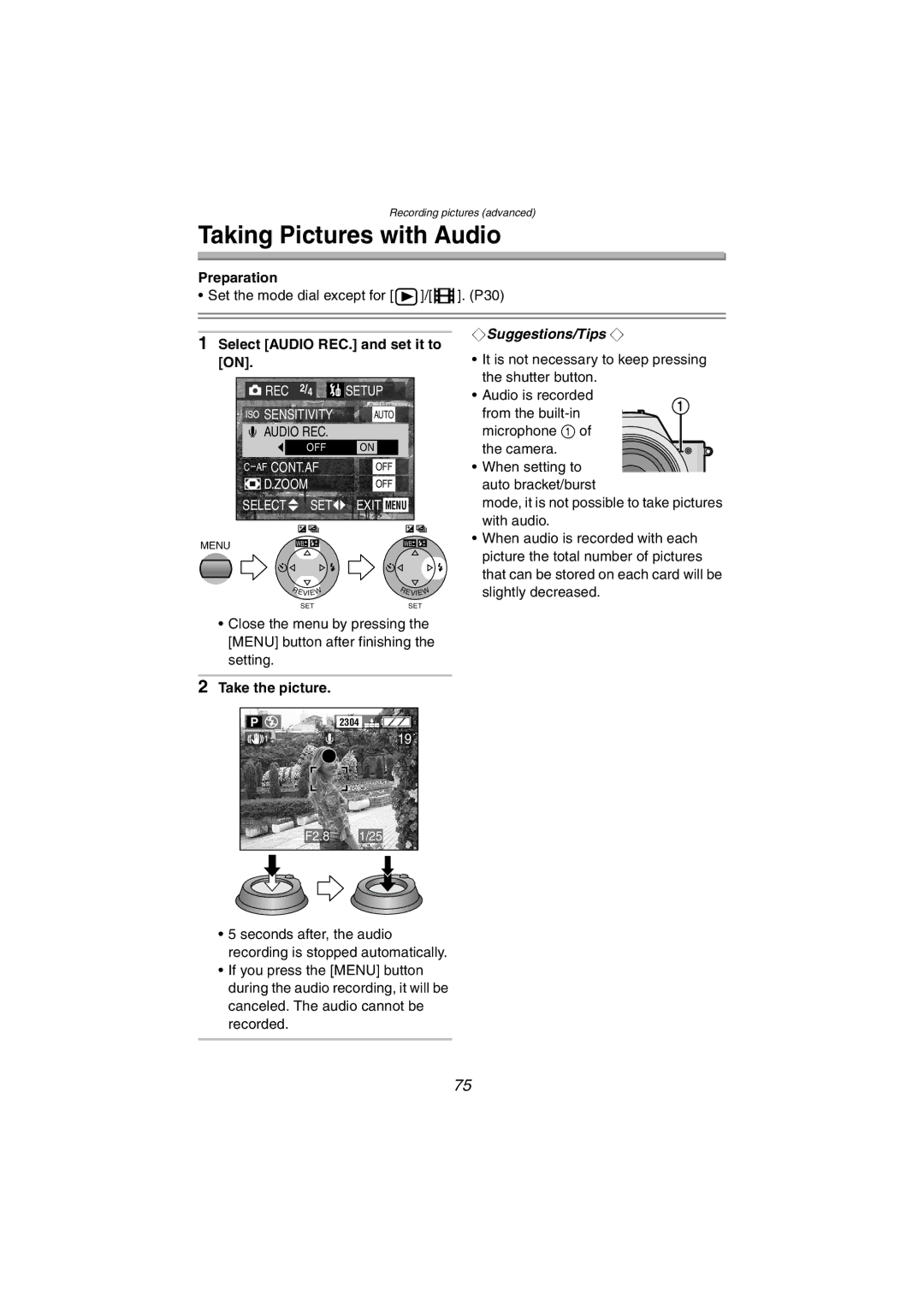 Panasonic DMC-FZ10PP operating instructions Taking Pictures with Audio, Select Audio REC. and set it to, Take the picture 