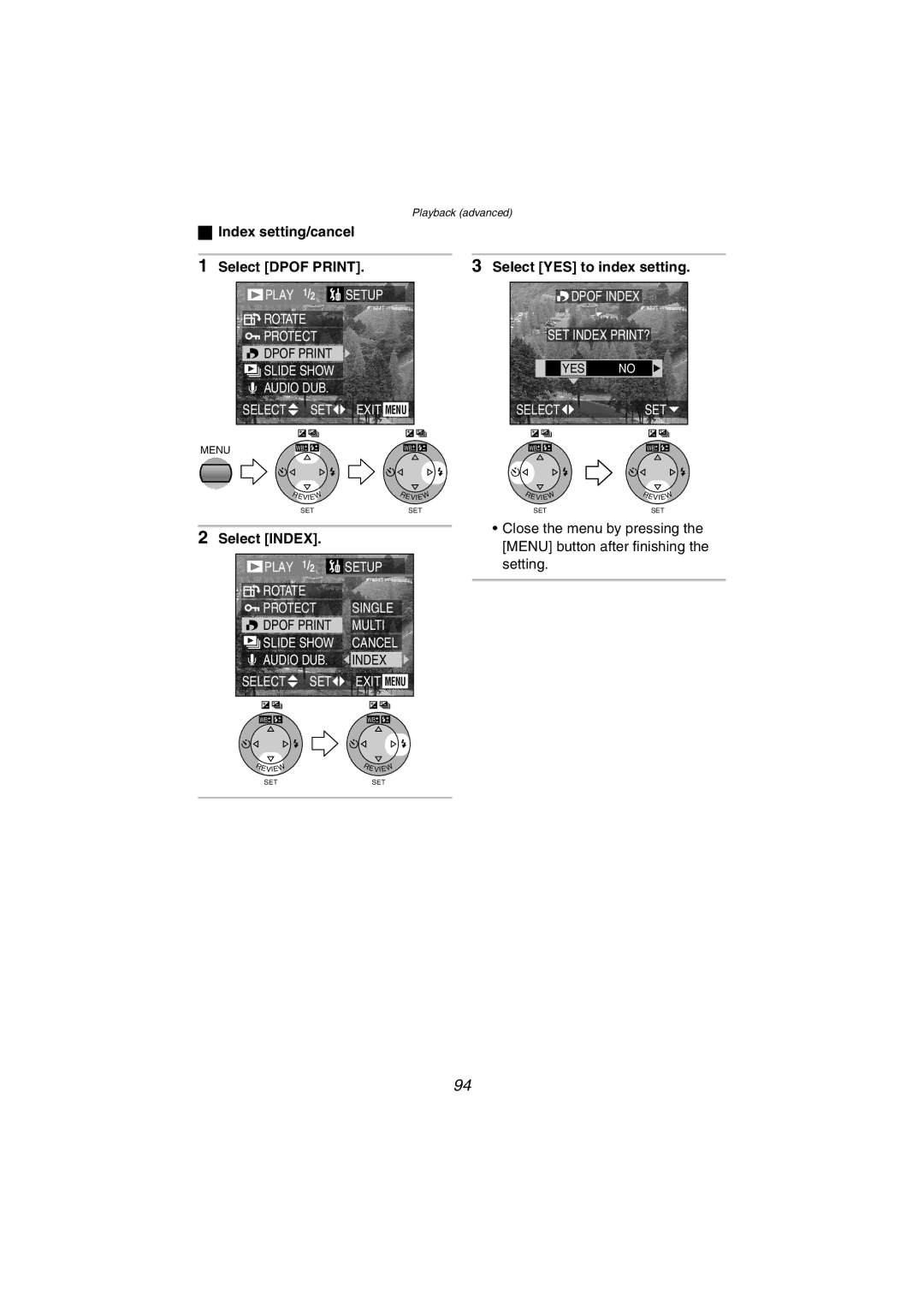 Panasonic DMC-FZ10PP Index setting/cancel Select Dpof Print, Select YES to index setting, Select Index 