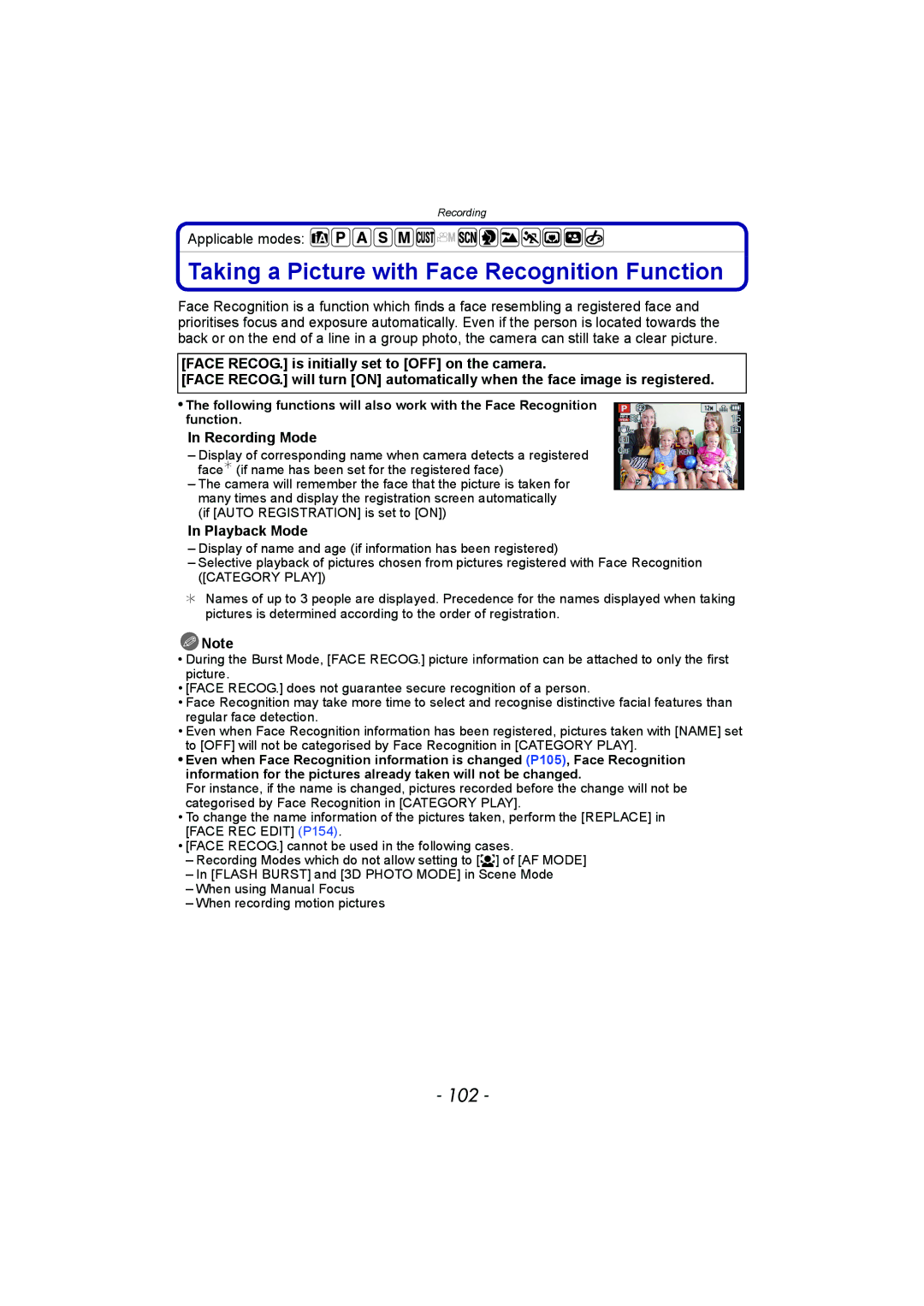 Panasonic DMC-FZ150 operating instructions Taking a Picture with Face Recognition Function, 102 