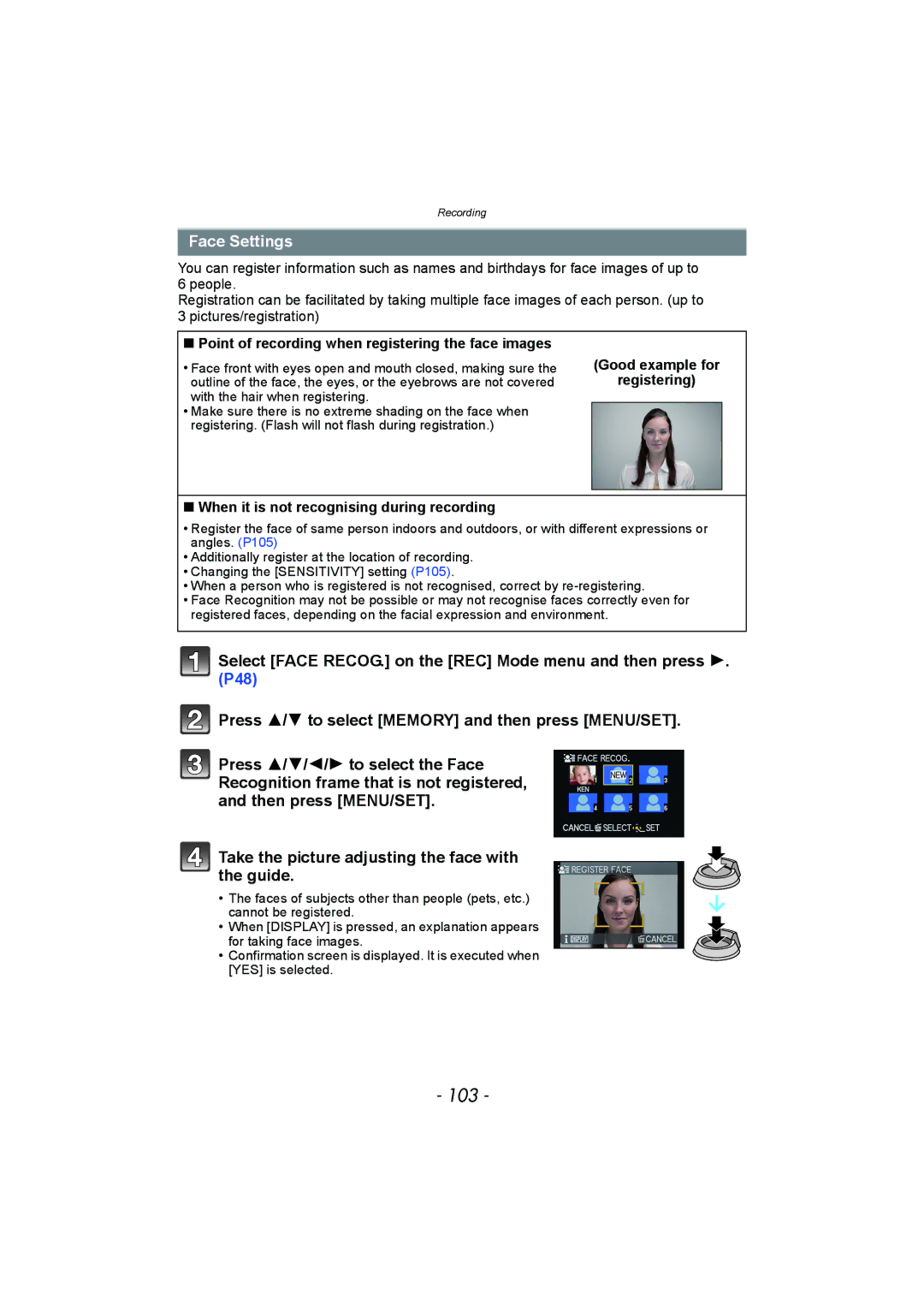 Panasonic DMC-FZ150 operating instructions 103, Face Settings, Point of recording when registering the face images 