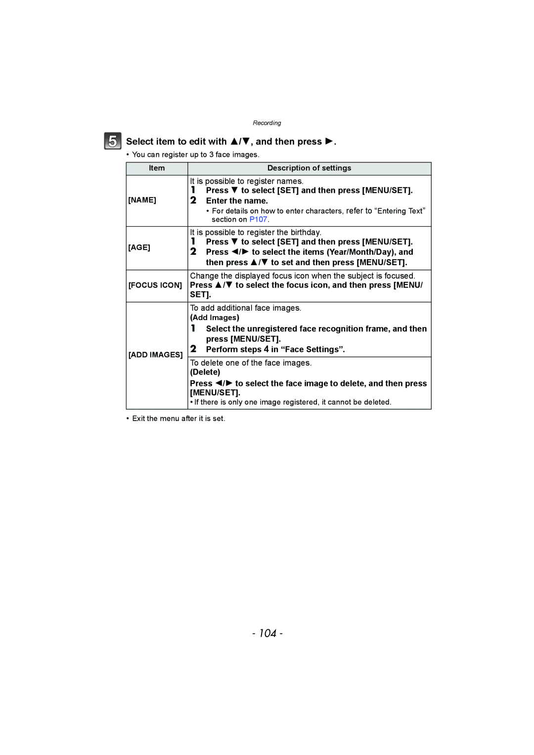 Panasonic DMC-FZ150 operating instructions 104, Select item to edit with 3/4, and then press, Menu/Set 