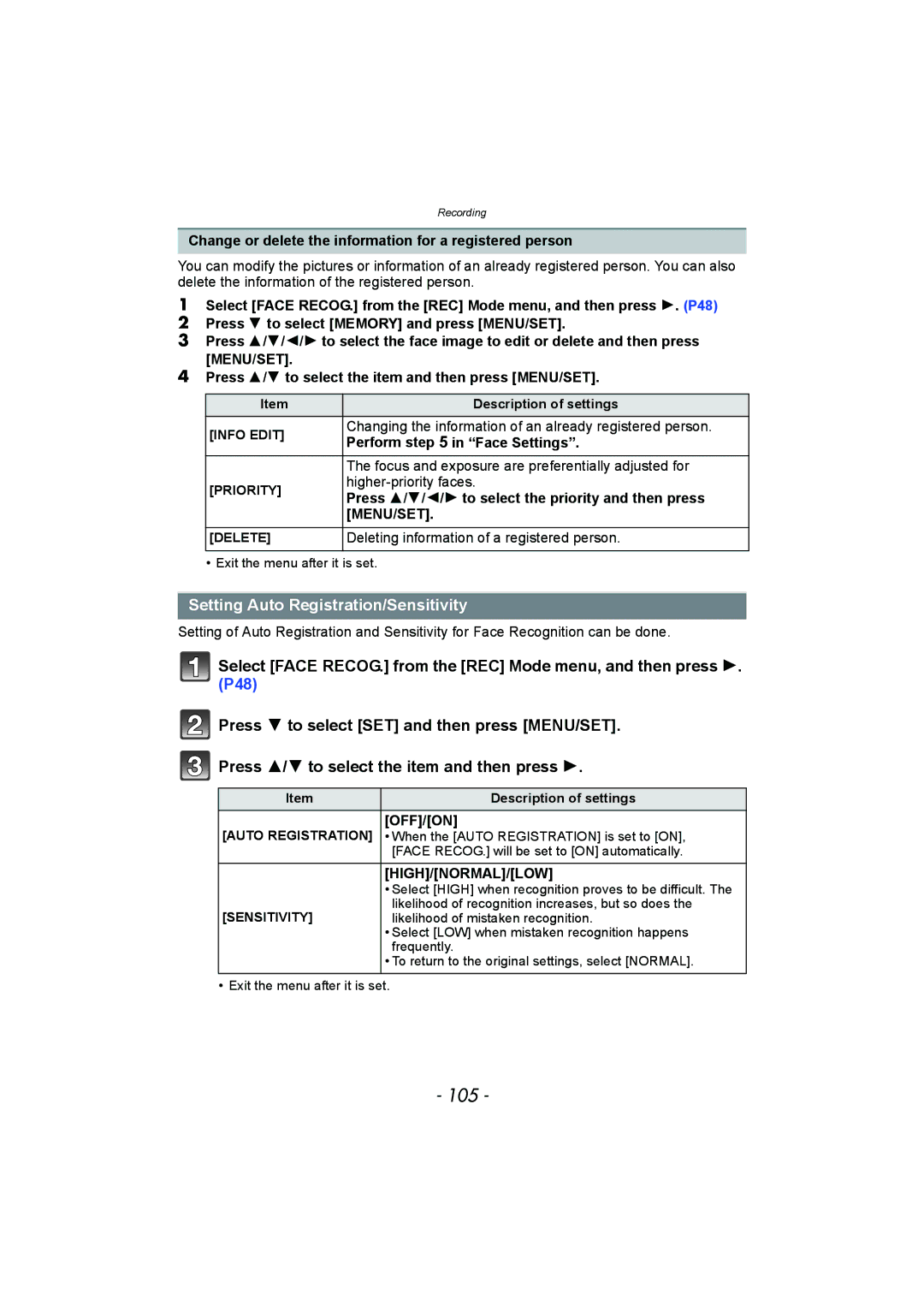 Panasonic DMC-FZ150 operating instructions 105, Setting Auto Registration/Sensitivity, High/Normal/Low 