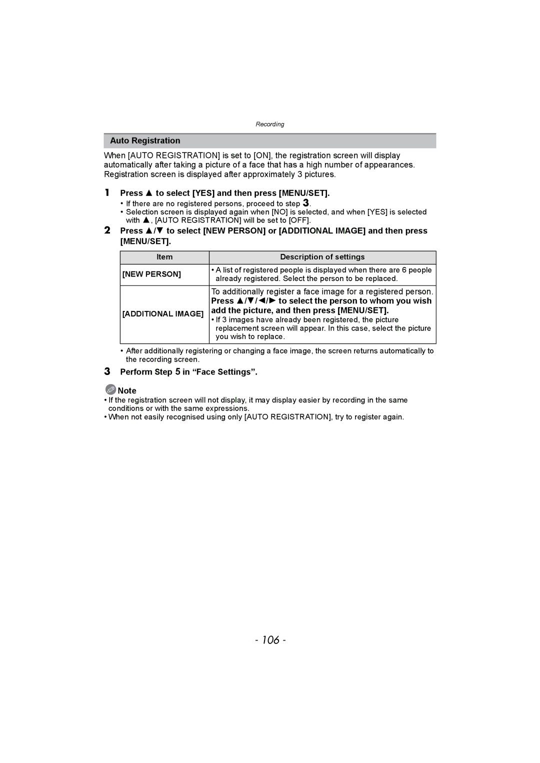 Panasonic DMC-FZ150 operating instructions 106, Auto Registration, Press 3 to select YES and then press MENU/SET 