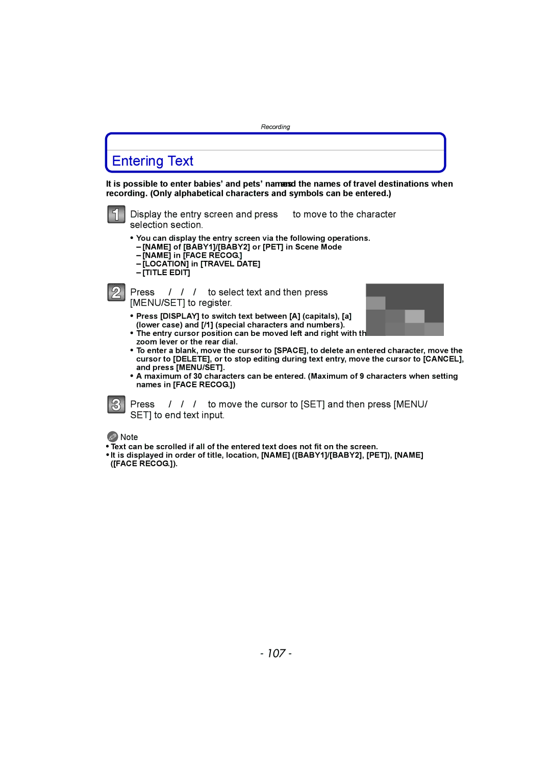 Panasonic DMC-FZ150 operating instructions Entering Text, 107 