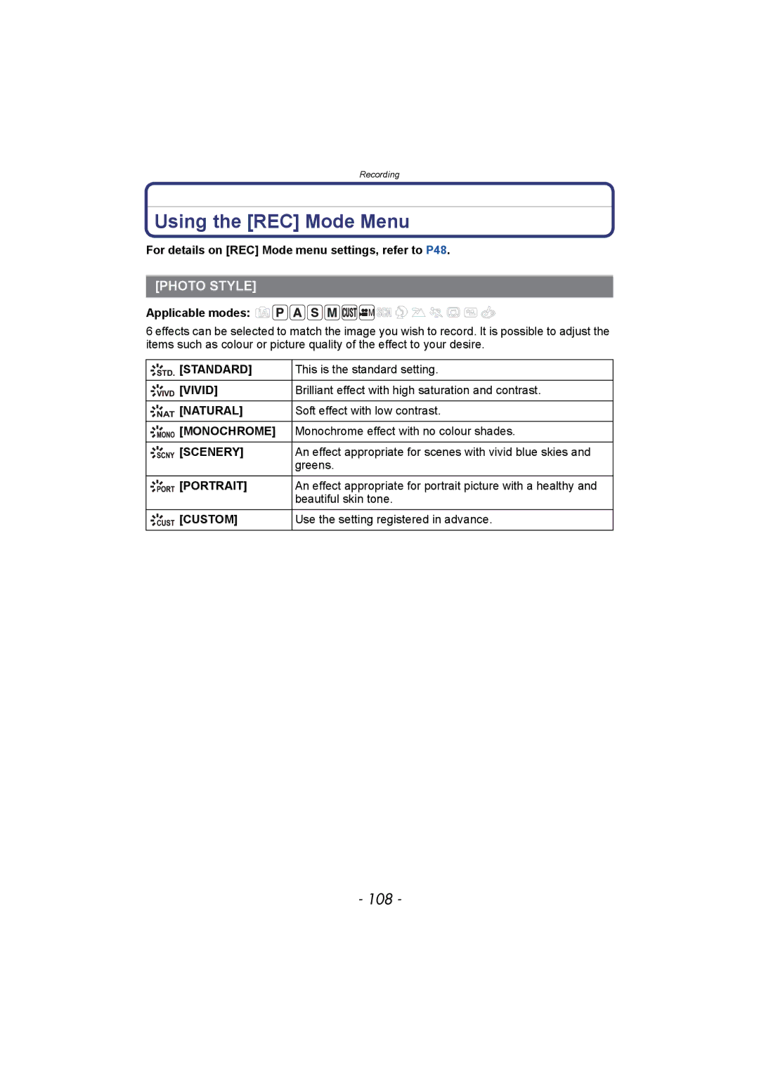 Panasonic DMC-FZ150 operating instructions Using the REC Mode Menu, 108, Photo Style 