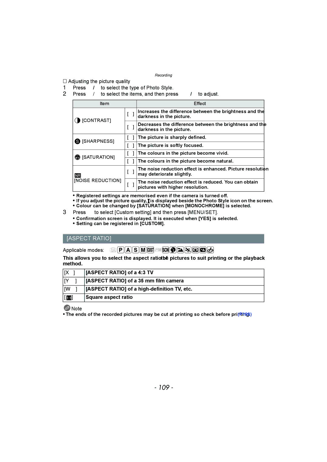 Panasonic DMC-FZ150 operating instructions 109, Aspect Ratio 