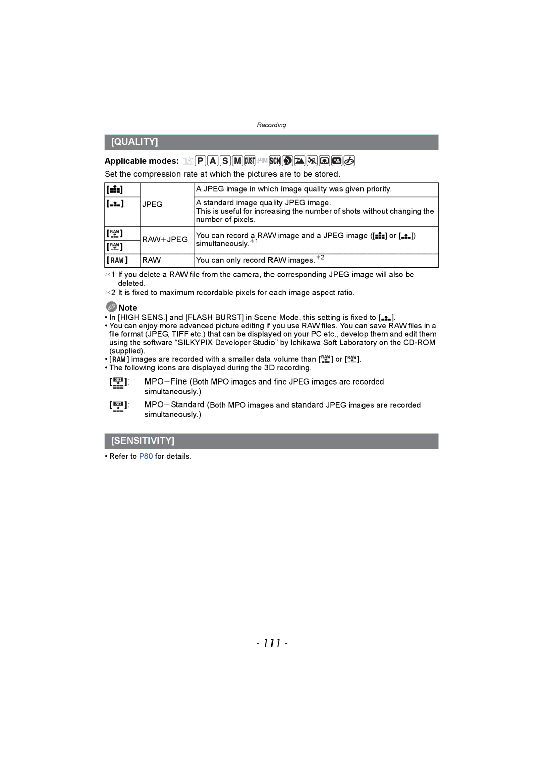 Panasonic DMC-FZ150 operating instructions 111, Quality, Sensitivity 