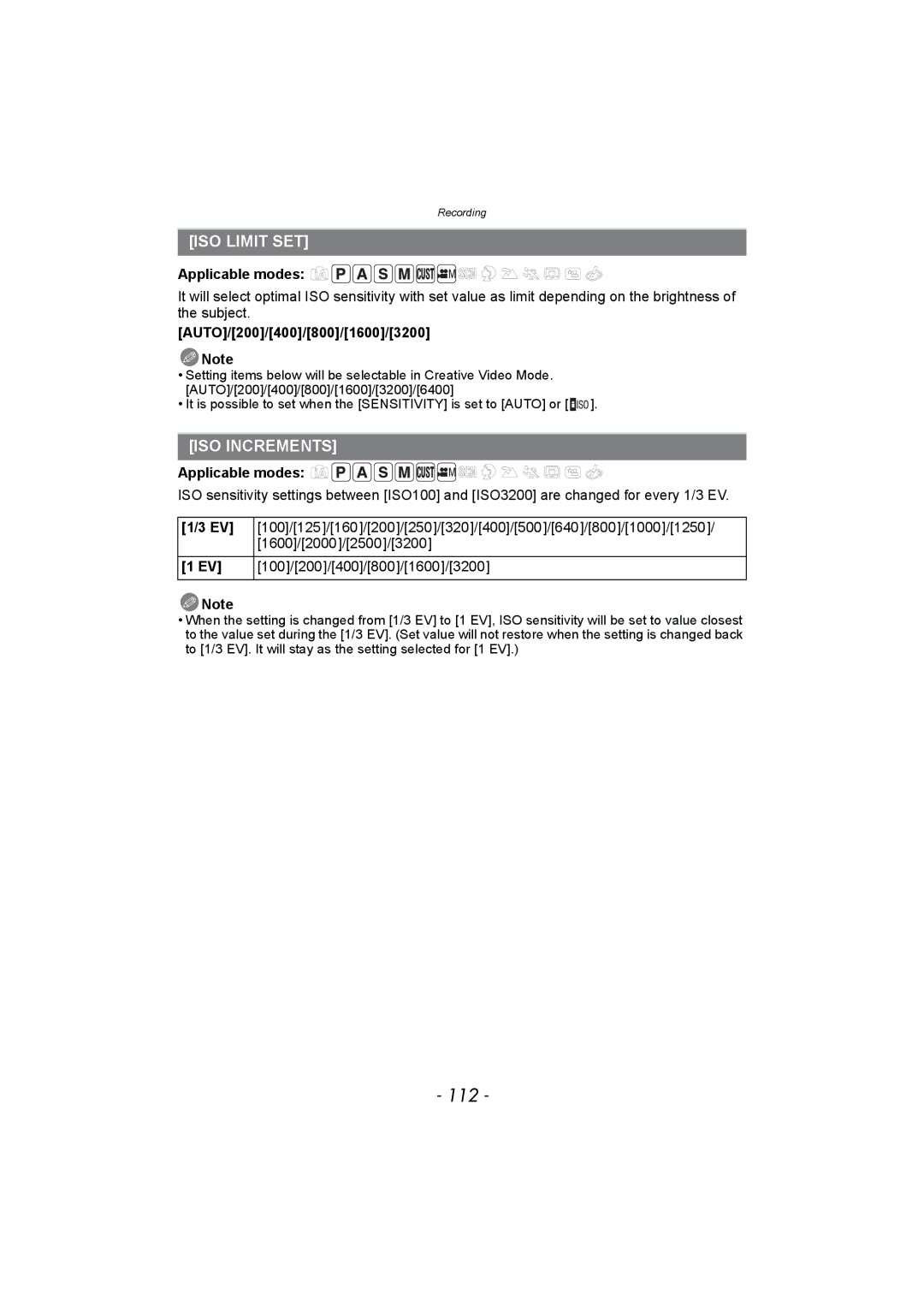 Panasonic DMC-FZ150 operating instructions 112, ISO Limit SET, ISO Increments, AUTO/200/400/800/1600/3200 Note 