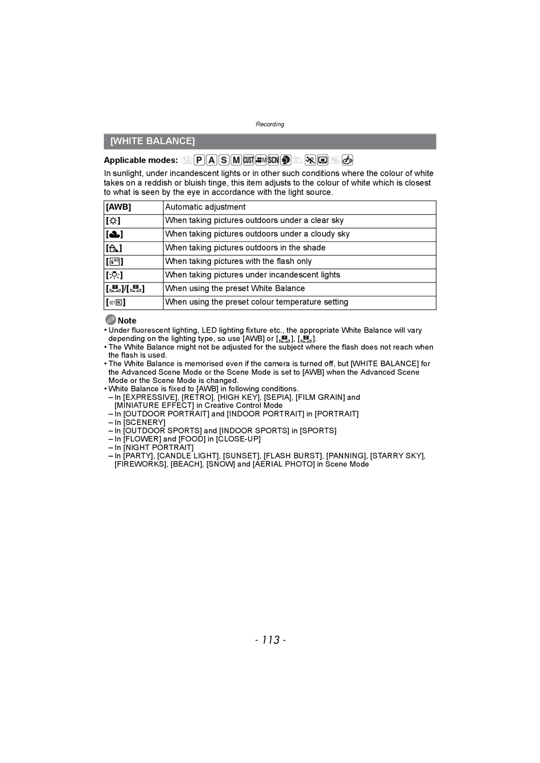 Panasonic DMC-FZ150 operating instructions 113, White Balance, Awb 