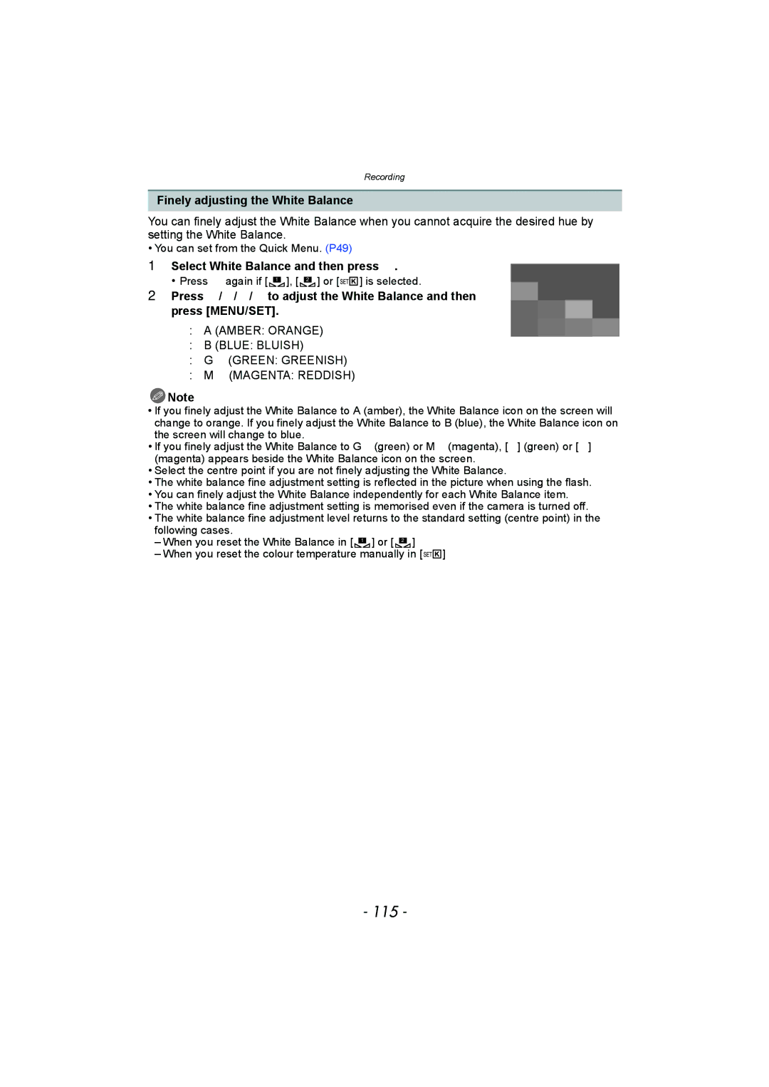 Panasonic DMC-FZ150 operating instructions 115, Finely adjusting the White Balance, Select White Balance and then press 