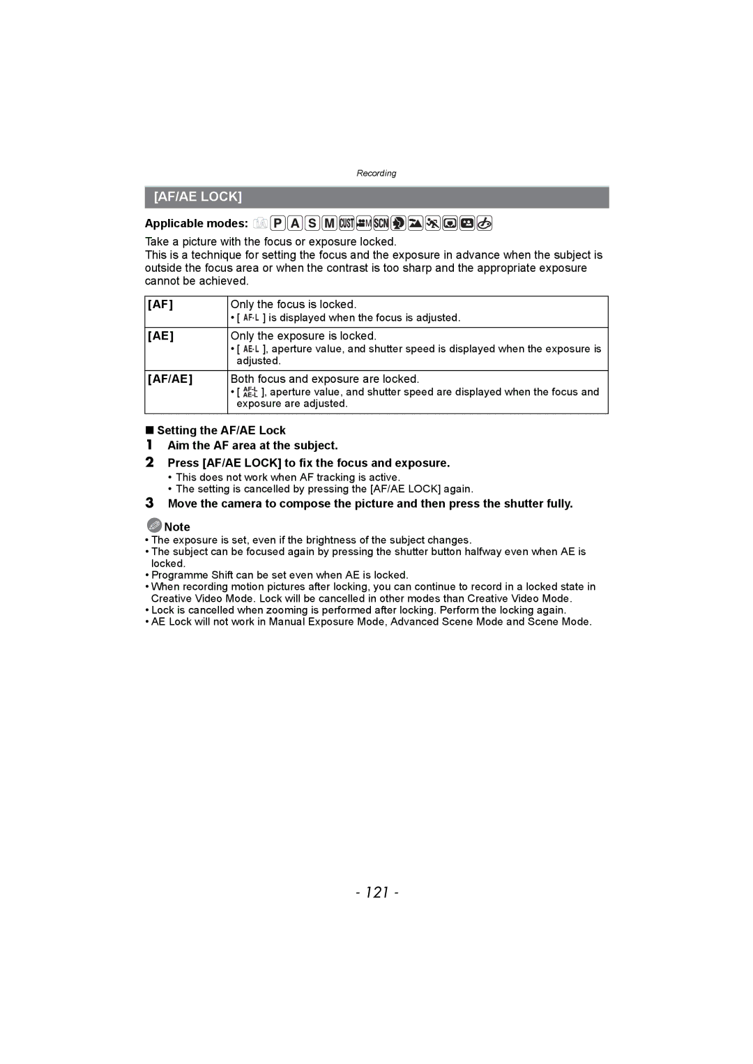 Panasonic DMC-FZ150 121, AF/AE Lock, Only the exposure is locked, Af/Ae, Both focus and exposure are locked 
