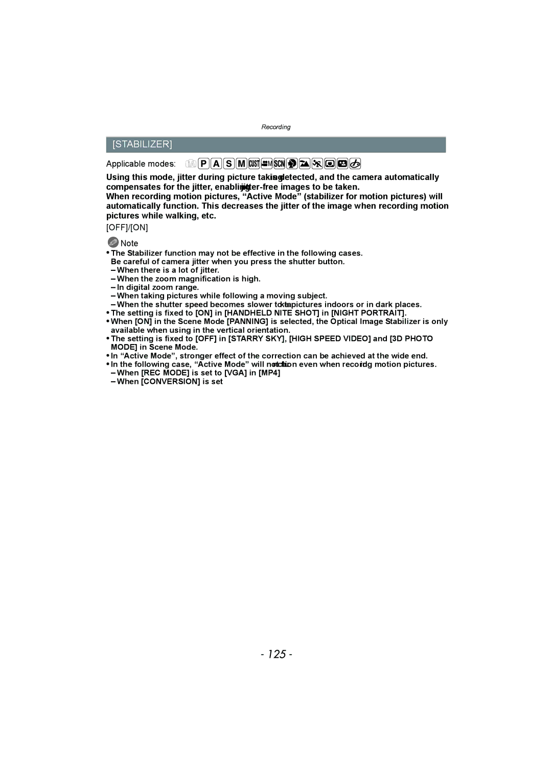 Panasonic DMC-FZ150 operating instructions 125, Stabilizer 