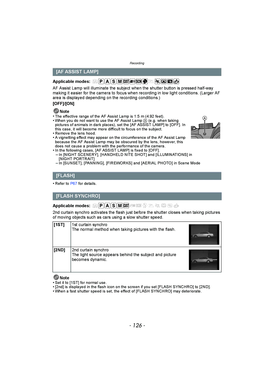 Panasonic DMC-FZ150 operating instructions 126, AF Assist Lamp, Flash Synchro 