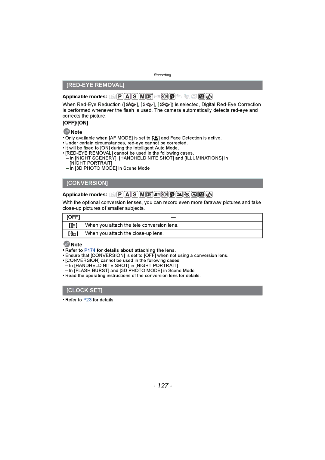 Panasonic DMC-FZ150 127, RED-EYE Removal, Conversion, Clock SET, Refer to P174 for details about attaching the lens 
