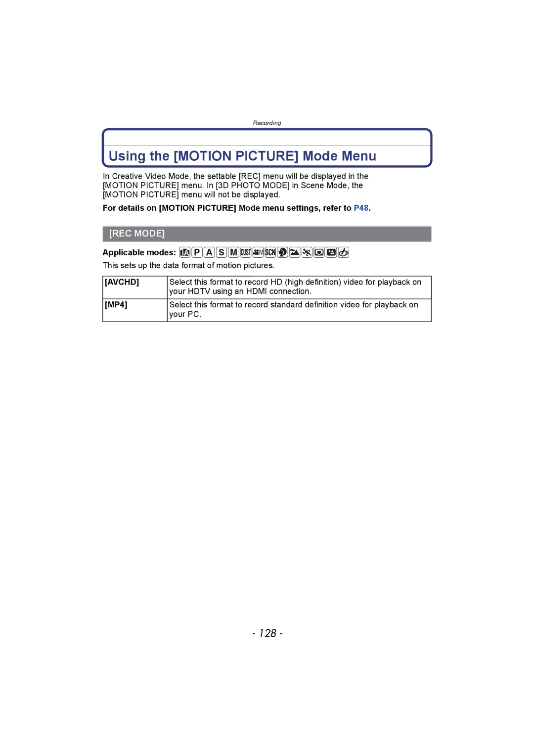 Panasonic DMC-FZ150 operating instructions Using the Motion Picture Mode Menu, 128, REC Mode 