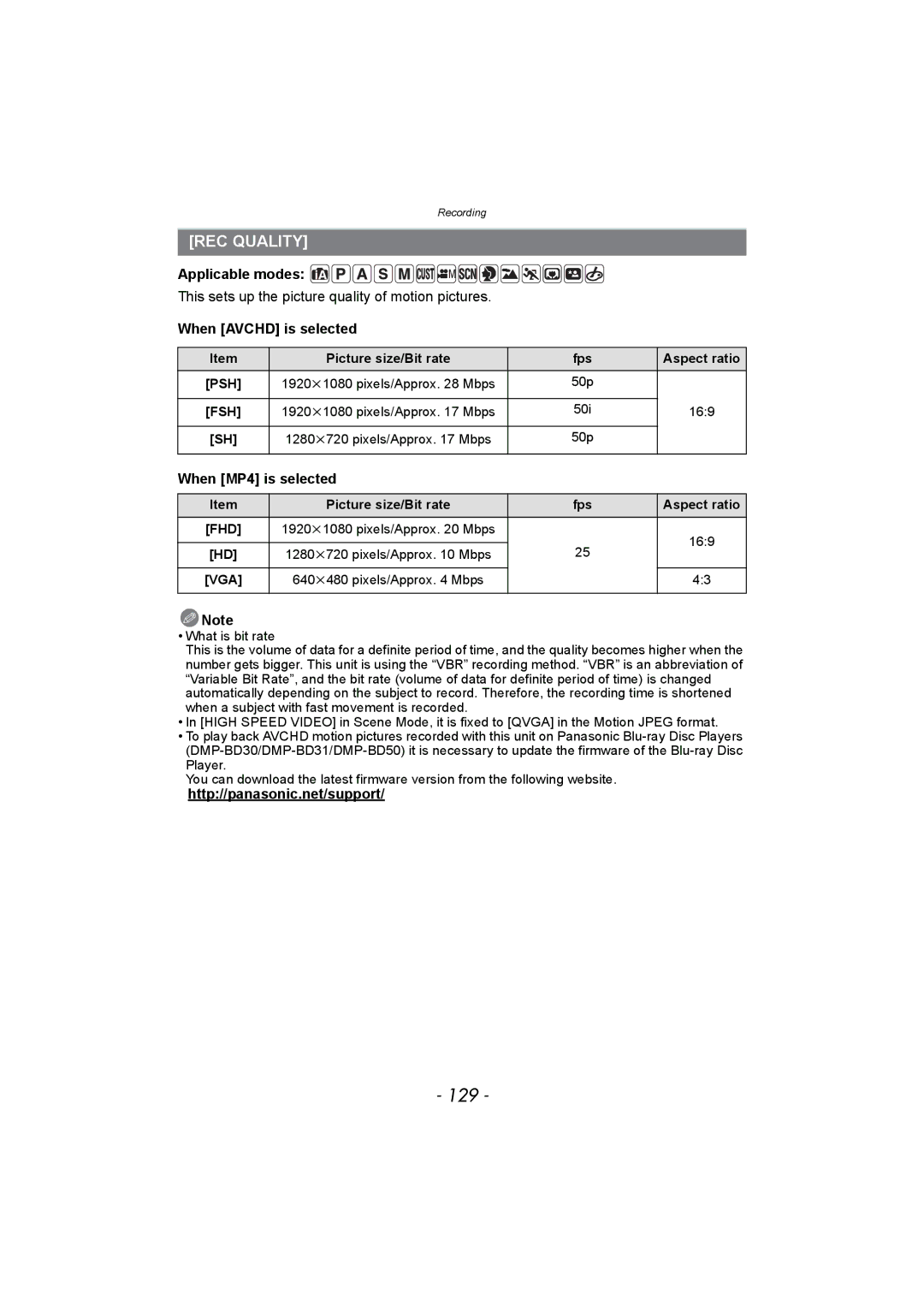 Panasonic DMC-FZ150 129, REC Quality, This sets up the picture quality of motion pictures, When Avchd is selected 