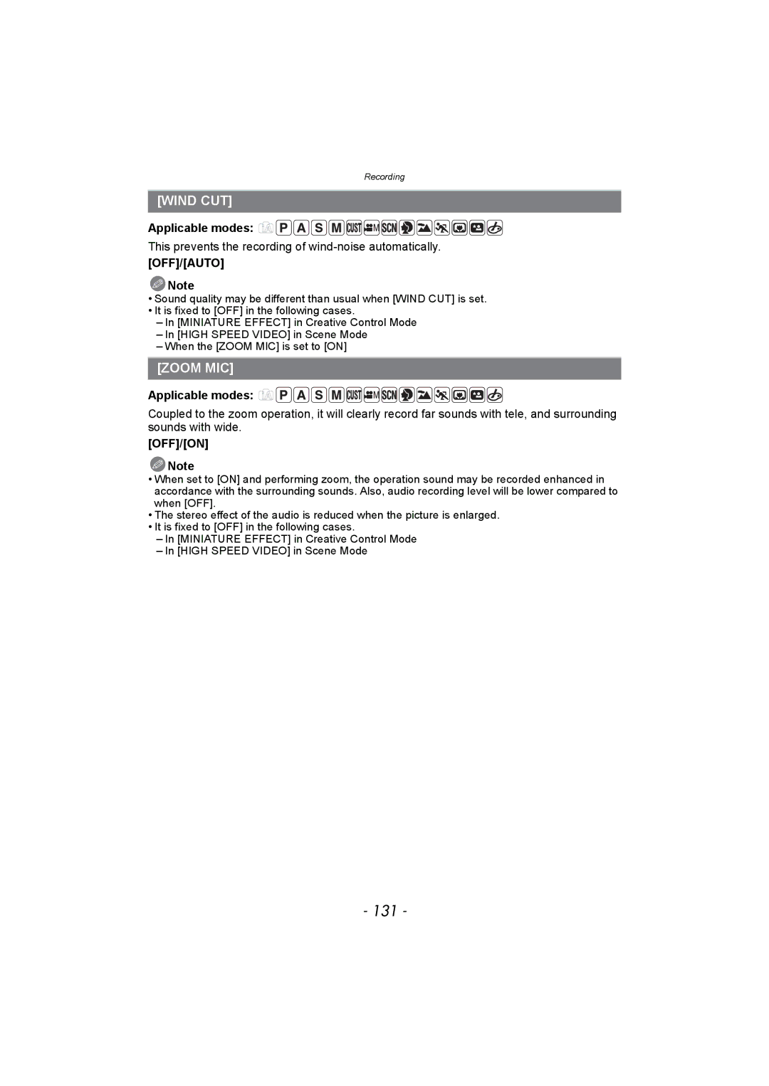 Panasonic DMC-FZ150 131, Wind CUT, Zoom MIC, This prevents the recording of wind-noise automatically, OFF/AUTO Note 