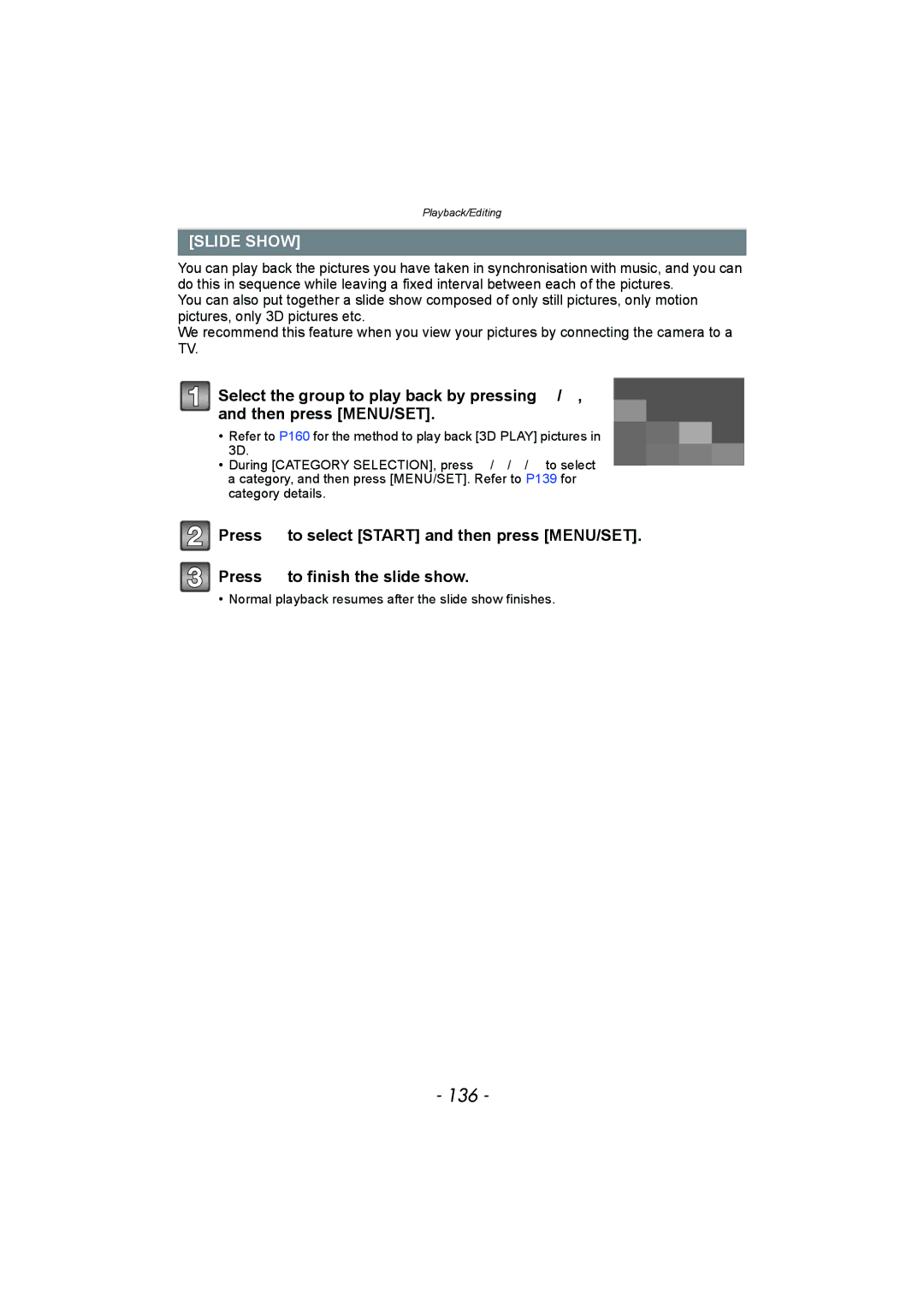 Panasonic DMC-FZ150 operating instructions 136, Slide Show 