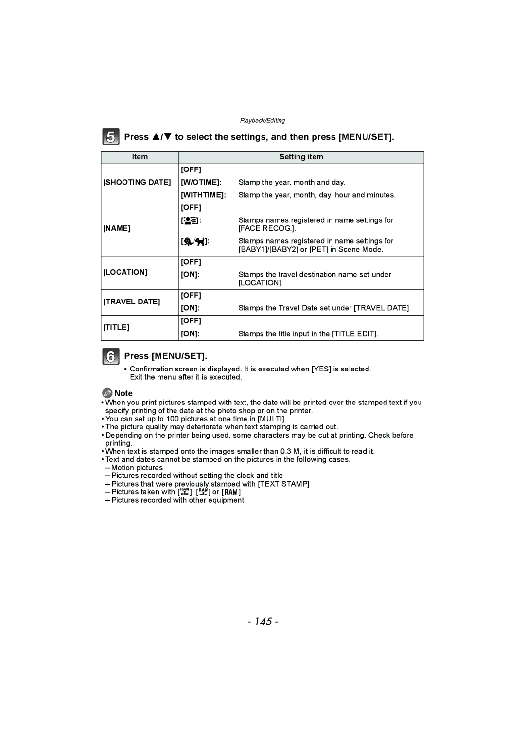 Panasonic DMC-FZ150 operating instructions 145, Press 3/4 to select the settings, and then press MENU/SET 