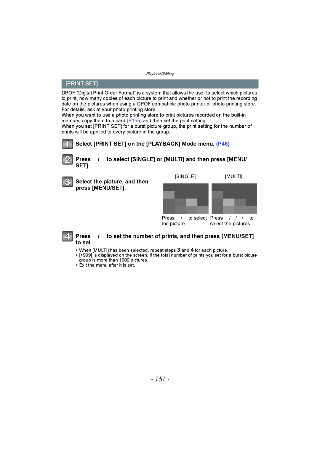 Panasonic DMC-FZ150 operating instructions 151, Print SET 