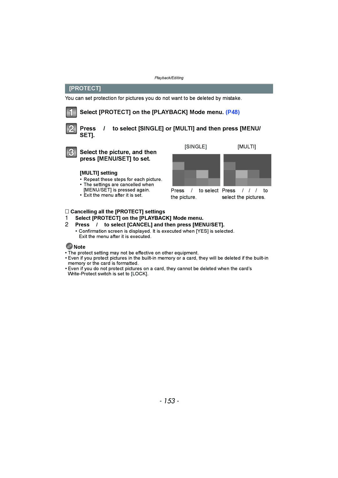 Panasonic DMC-FZ150 operating instructions 153, Protect 