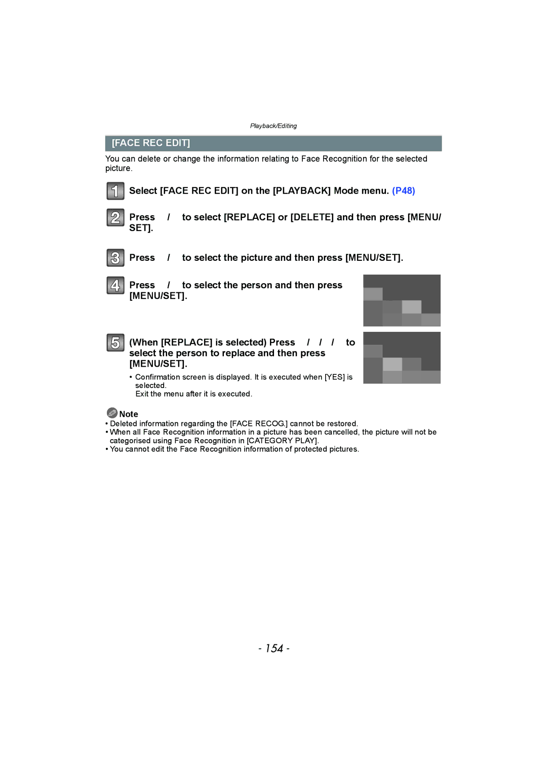 Panasonic DMC-FZ150 operating instructions 154, Face REC Edit 