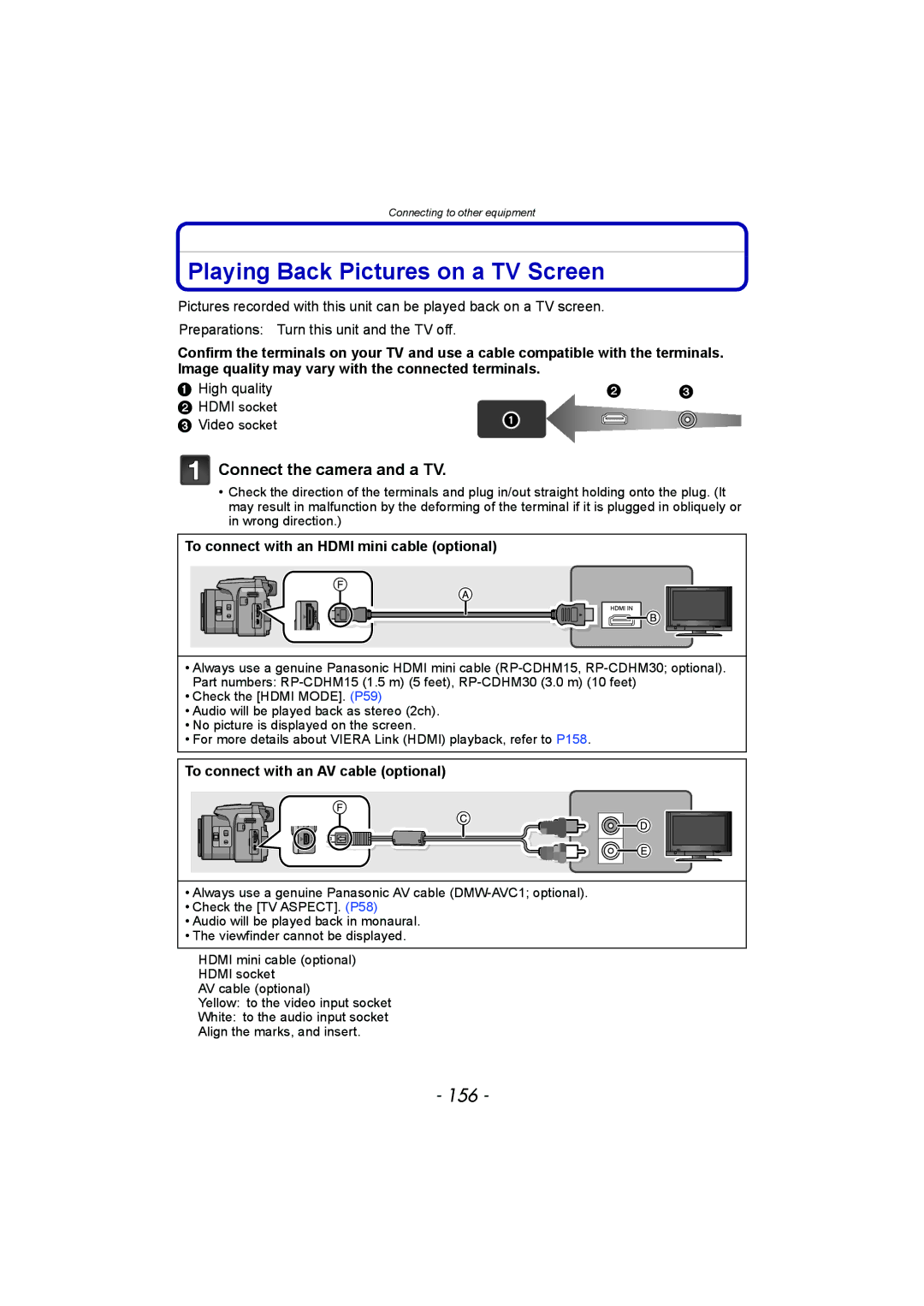 Panasonic DMC-FZ150 operating instructions Playing Back Pictures on a TV Screen, 156, Connect the camera and a TV 