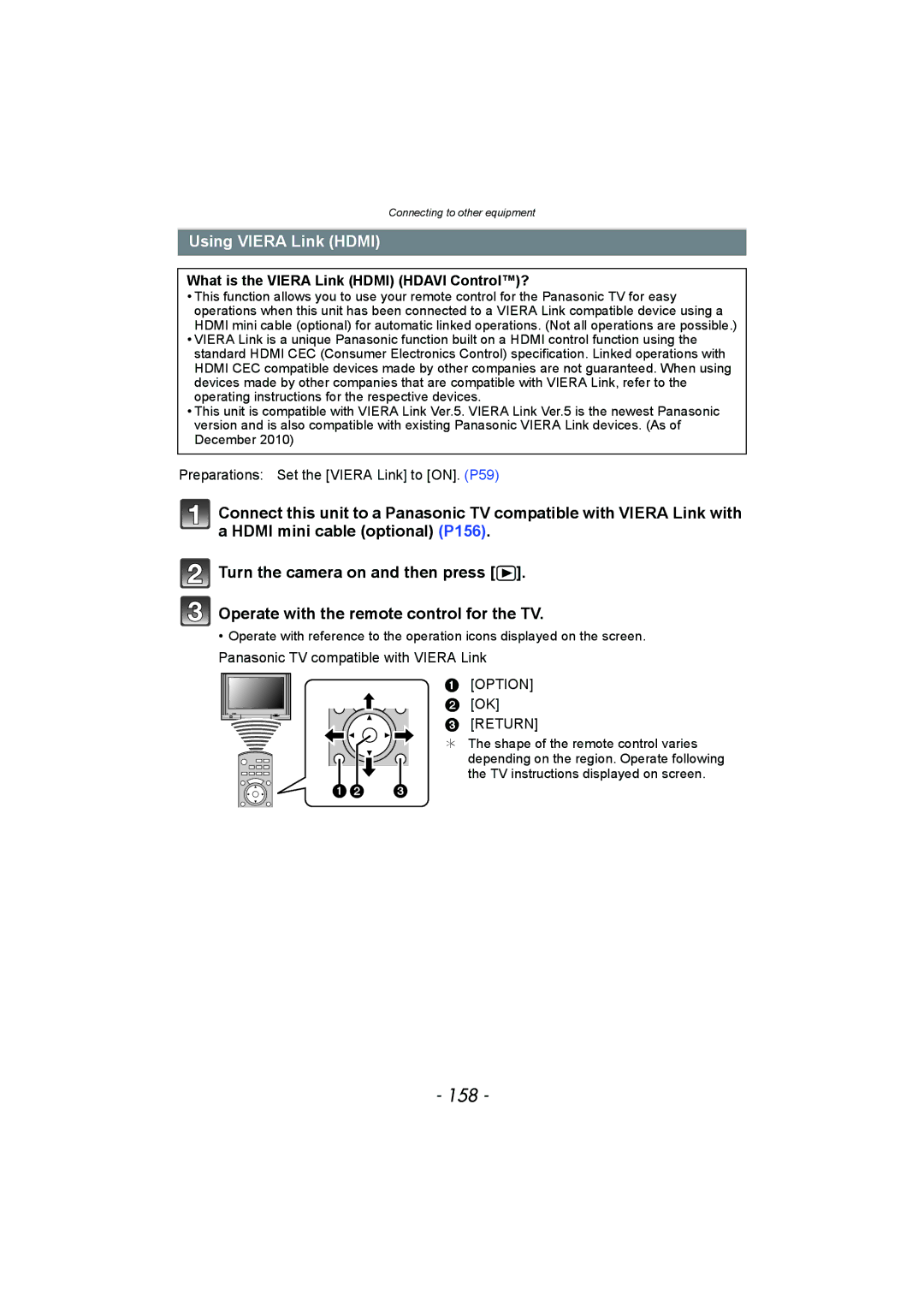 Panasonic DMC-FZ150 operating instructions 158, Using Viera Link Hdmi, What is the Viera Link Hdmi Hdavi Control?, Return 