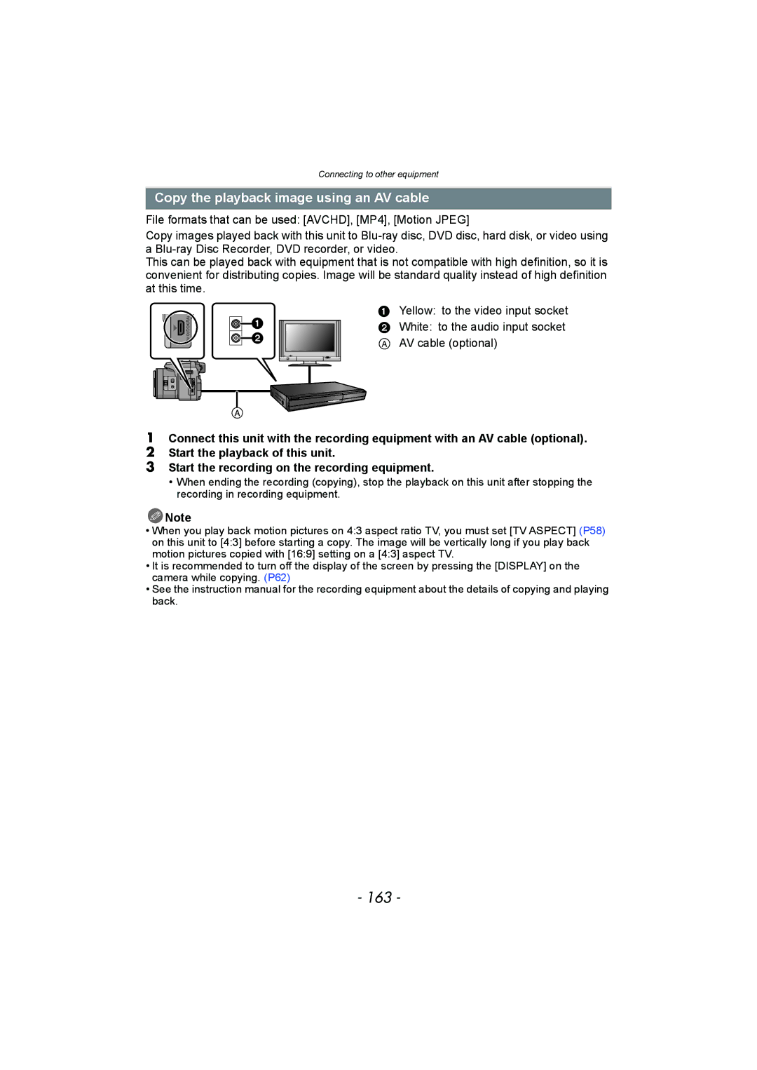 Panasonic DMC-FZ150 operating instructions 163, Copy the playback image using an AV cable 