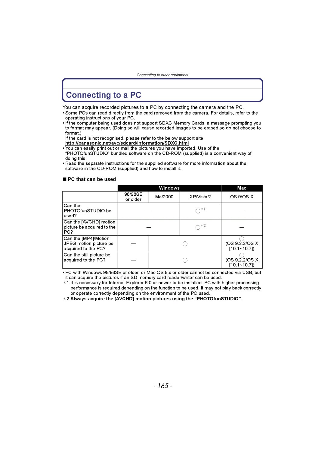 Panasonic DMC-FZ150 operating instructions Connecting to a PC, 165, PC that can be used 