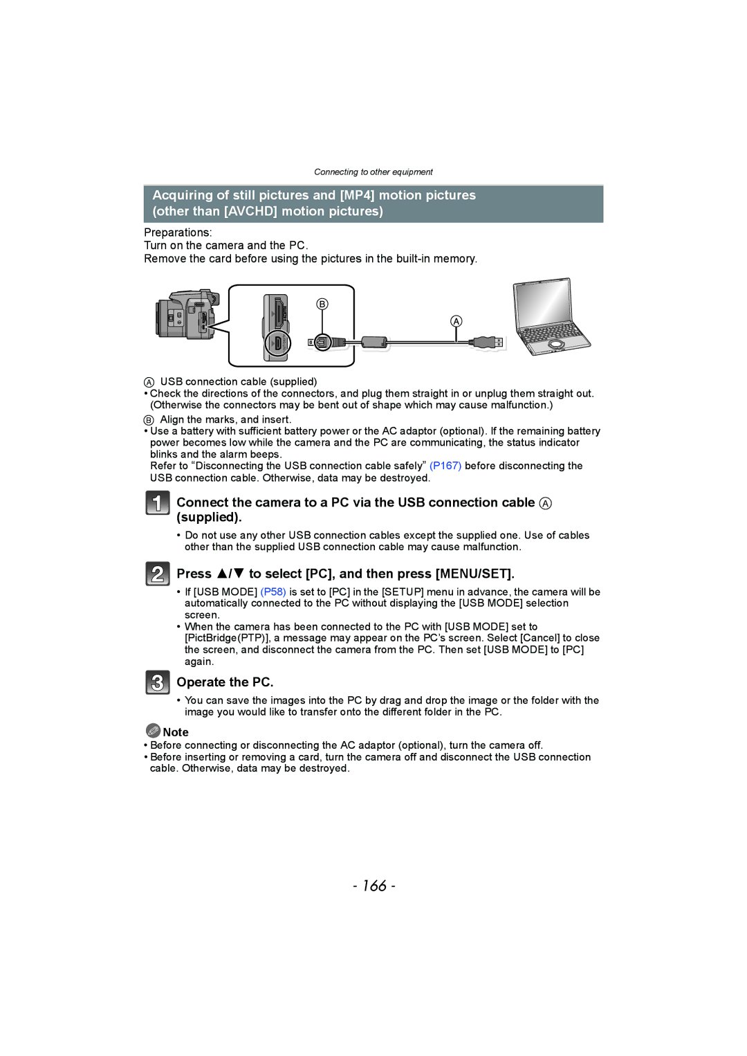 Panasonic DMC-FZ150 operating instructions 166, Press 3/4 to select PC, and then press MENU/SET, Operate the PC 