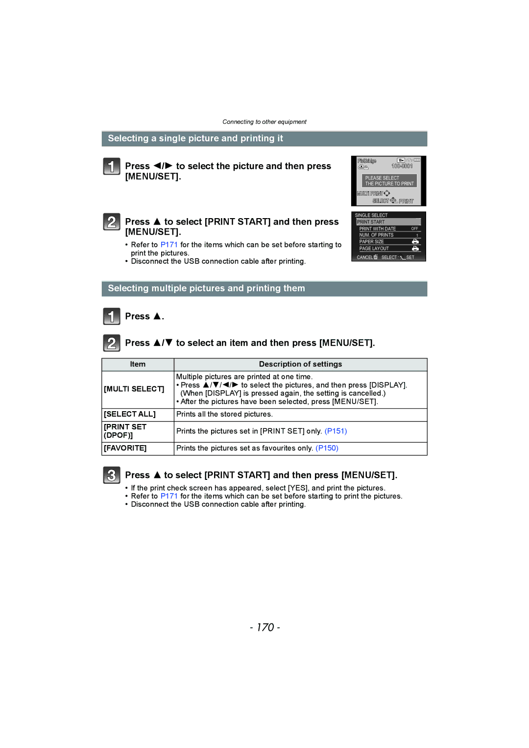 Panasonic DMC-FZ150 170, Selecting a single picture and printing it, Selecting multiple pictures and printing them 