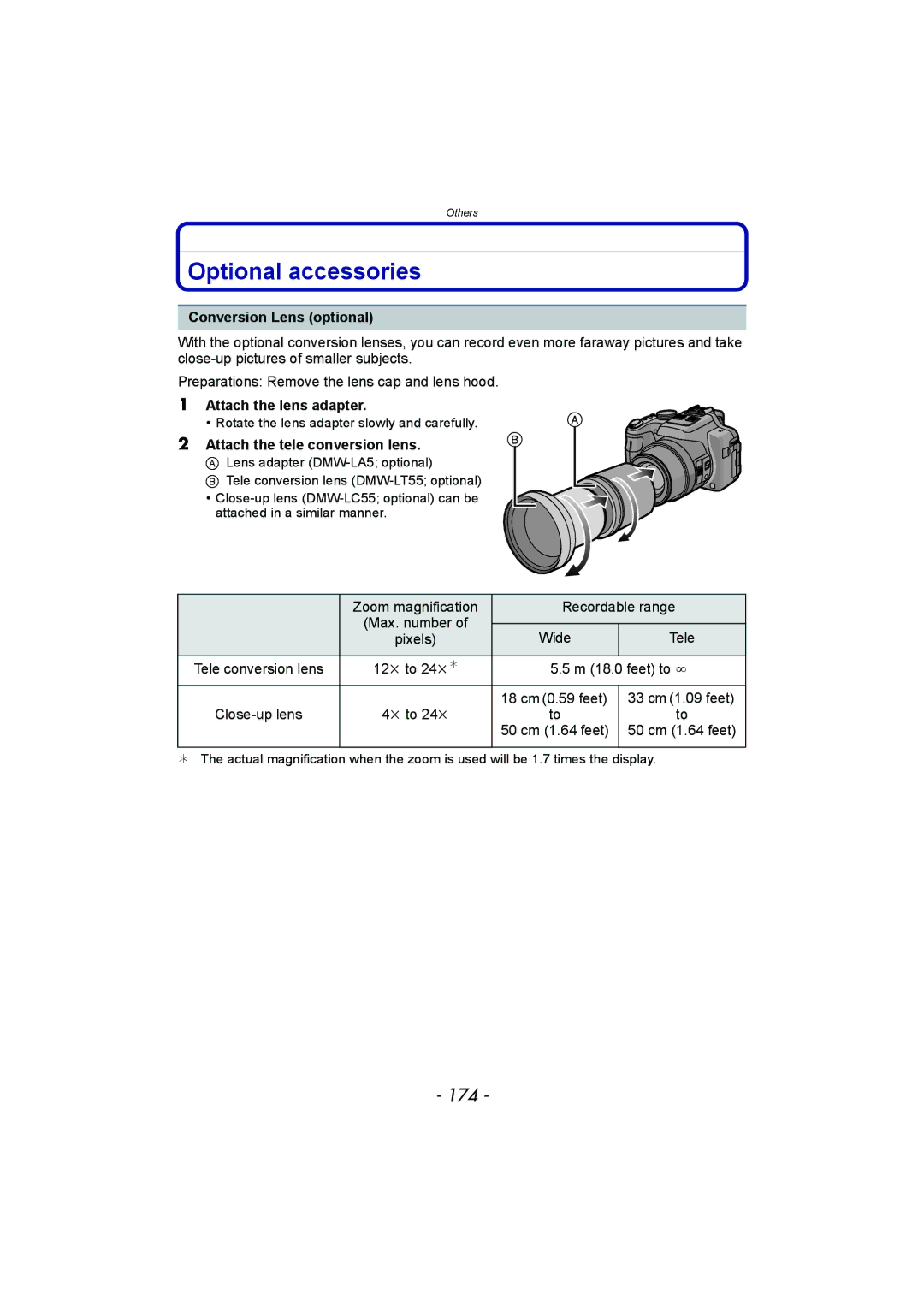 Panasonic DMC-FZ150 operating instructions Optional accessories, 174, Conversion Lens optional, Attach the lens adapter 