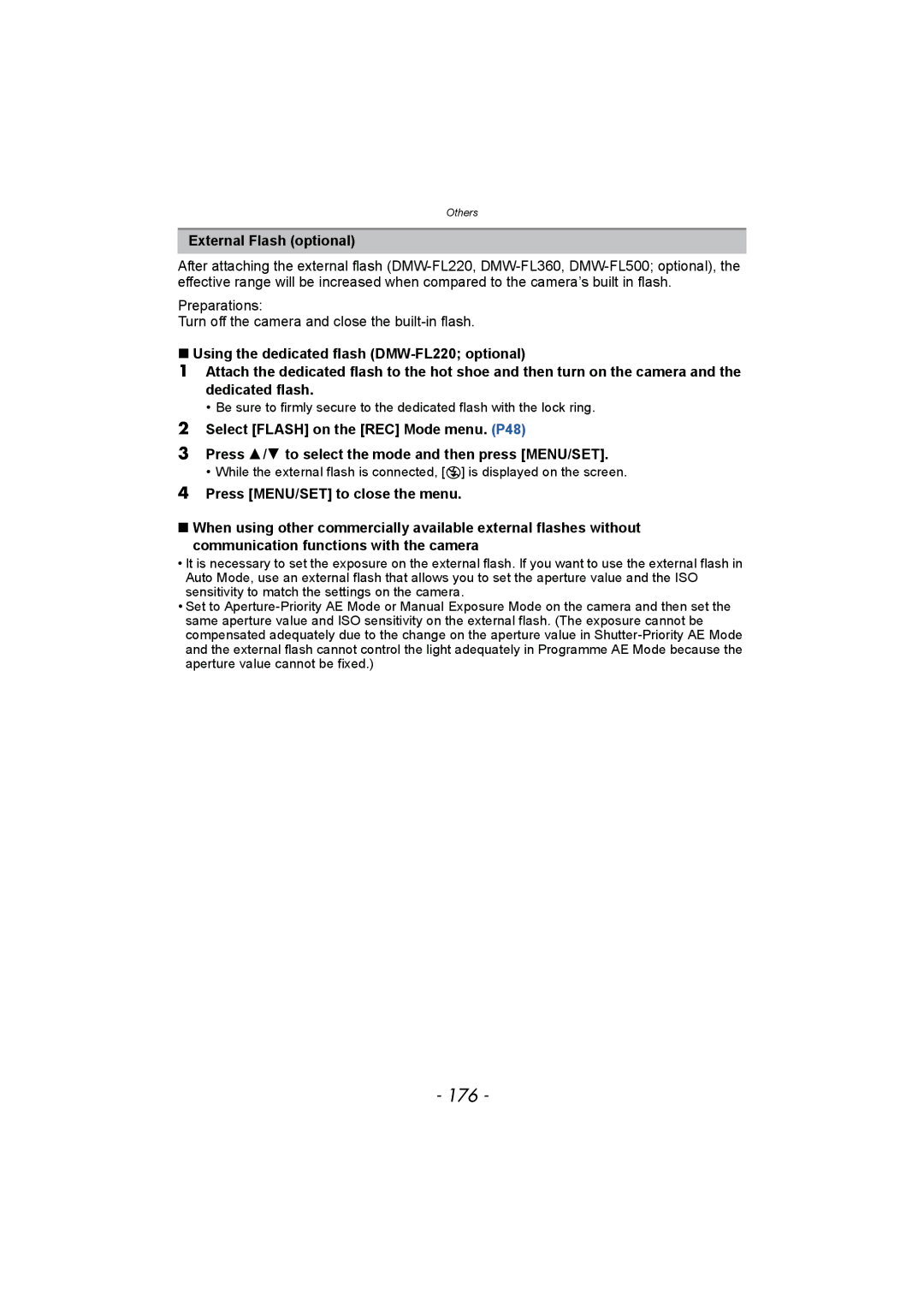 Panasonic DMC-FZ150 operating instructions 176, External Flash optional 