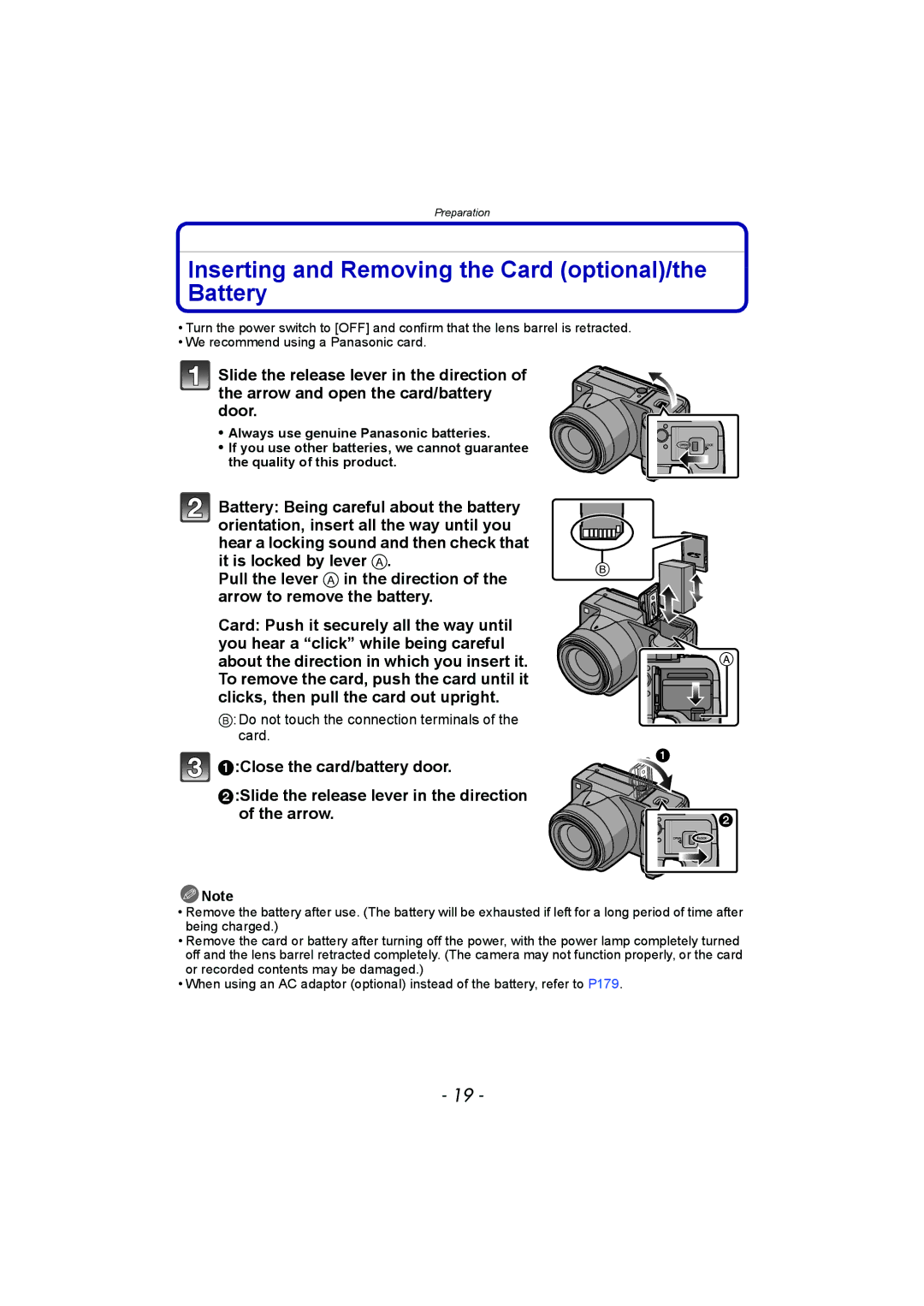 Panasonic DMC-FZ150 operating instructions Inserting and Removing the Card optional/the Battery 