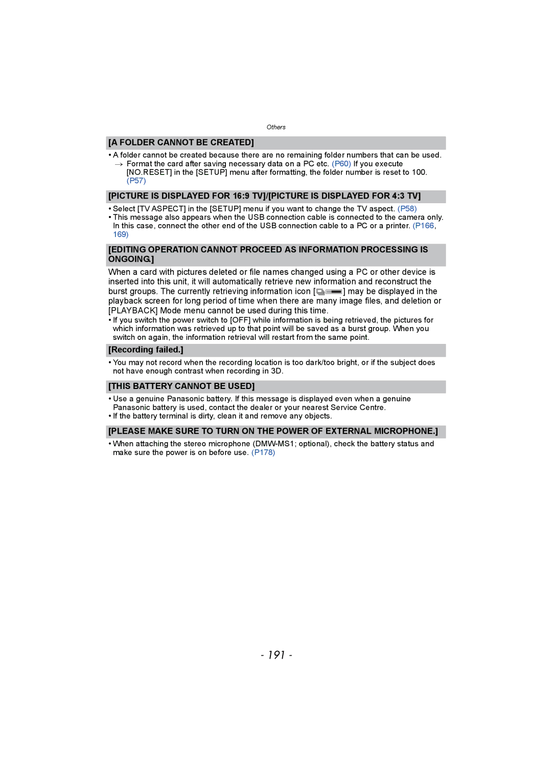 Panasonic DMC-FZ150 operating instructions 191, Folder Cannot be Created, Recording failed, This Battery Cannot be Used 