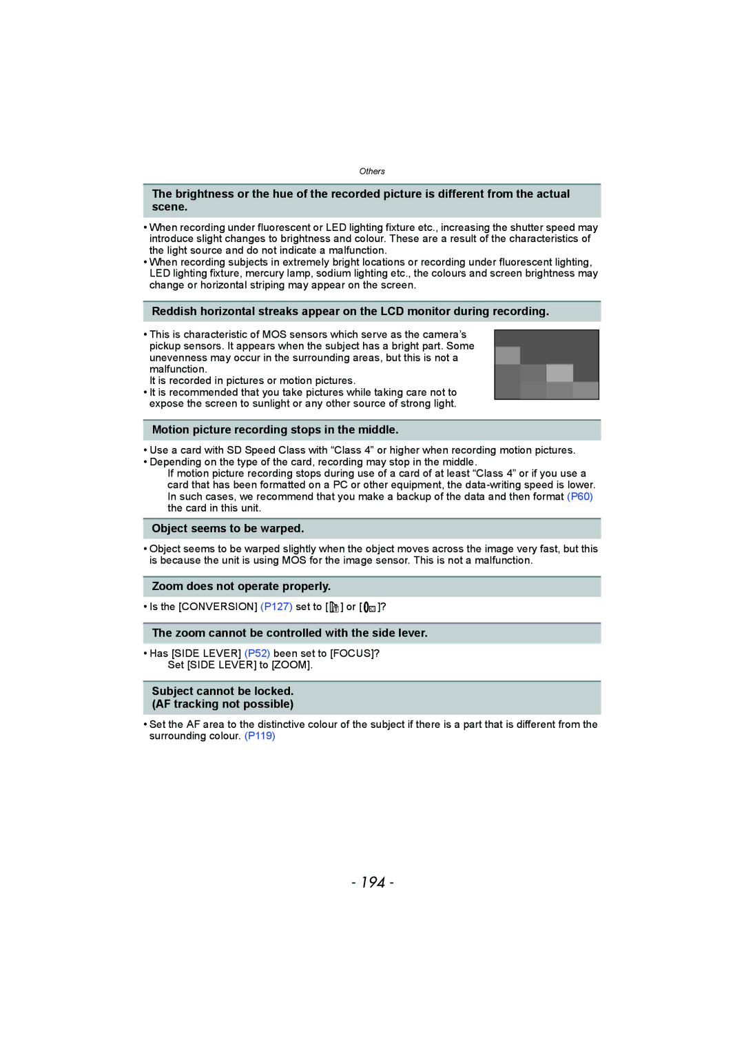 Panasonic DMC-FZ150 operating instructions 194, Motion picture recording stops in the middle, Object seems to be warped 