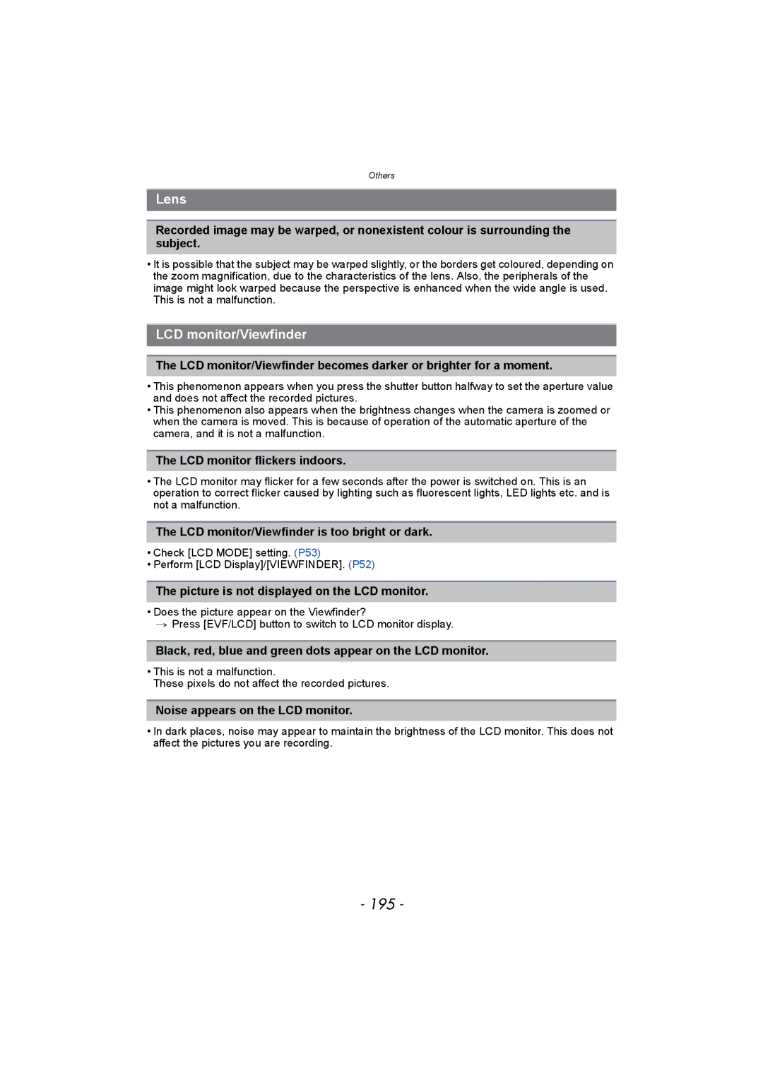 Panasonic DMC-FZ150 operating instructions 195, Lens, LCD monitor/Viewfinder 