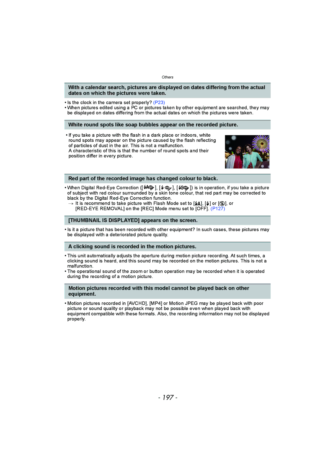 Panasonic DMC-FZ150 operating instructions 197, Red part of the recorded image has changed colour to black 